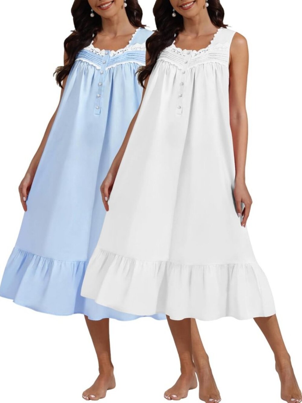 100% Cotton Sleeveless Victorian Nightgown with Pockets - Women's Pearl Snap